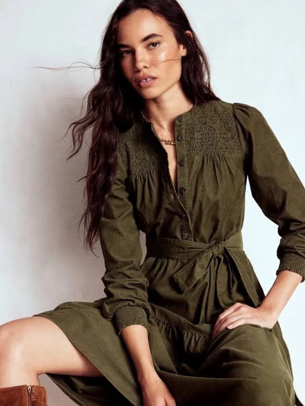Boden Cecily Corduroy Midi Dress Olive Green Size 10